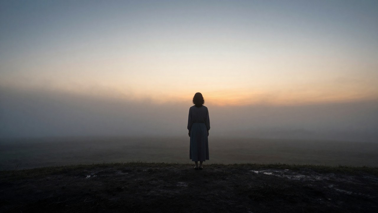 Persona de espaldas en un paisaje brumoso mirando el horizonte durante el amanecer.
