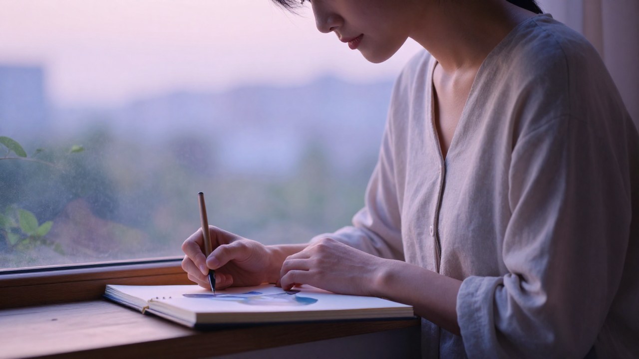 Persona sentada en un alféizar de ventana, dedicada a un proceso de escritura o creación artística reflexiva.