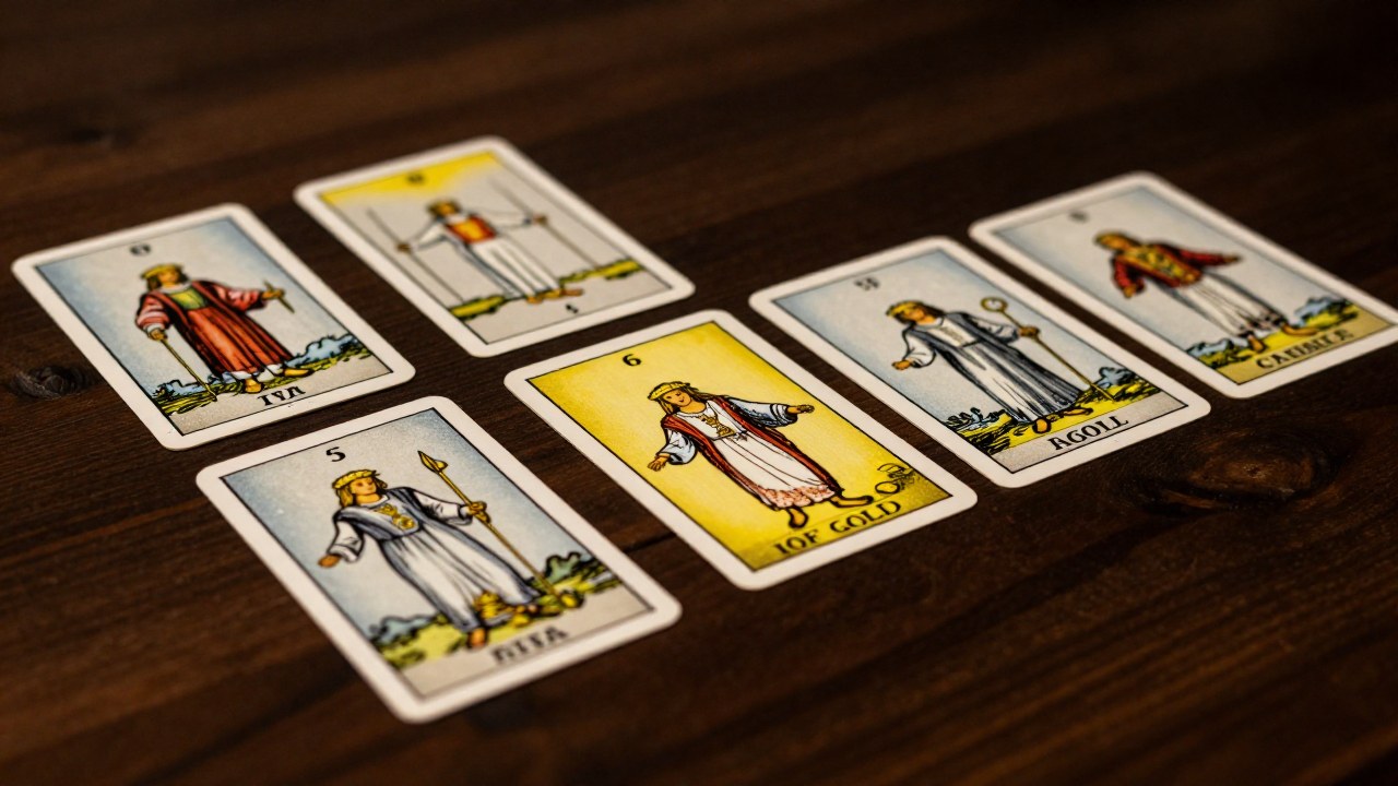 Arreglo secuencial de cartas de tarot sobre una mesa de madera, destacando la carta Seis de Oro.
