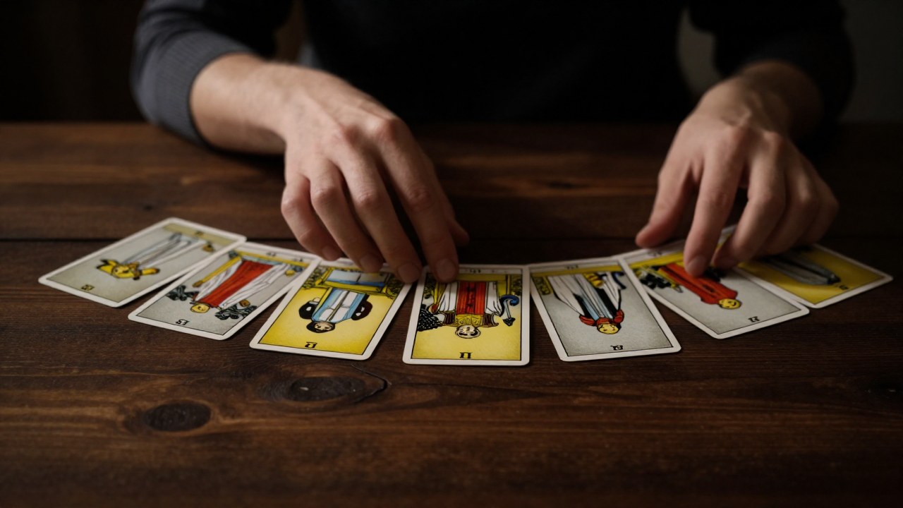 Manos esparcen cartas de Tarot en mesa de madera, reflejando la interpretación y la indecisión.