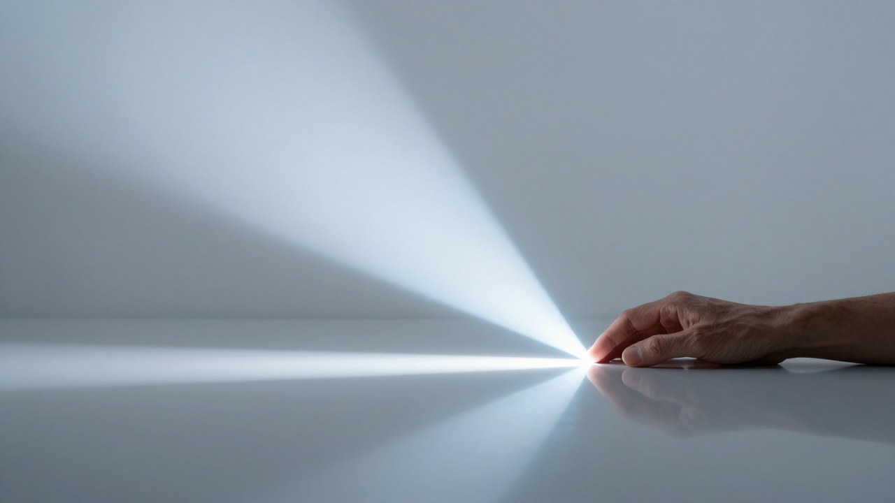 Manos contemplando un rayo de luz nítido sobre una superficie reflectante y minimalista.