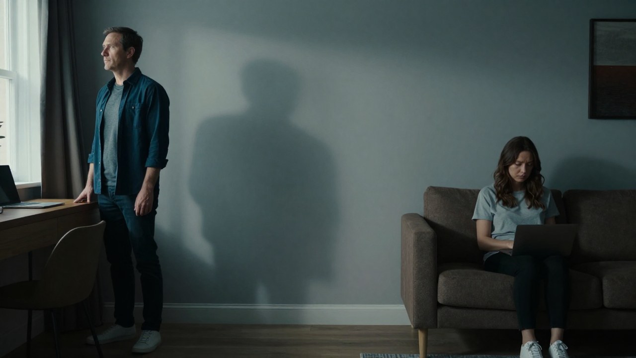 Una pareja en un salón moderno, el hombre de pie y la mujer sentada, con gran distancia entre ellos.