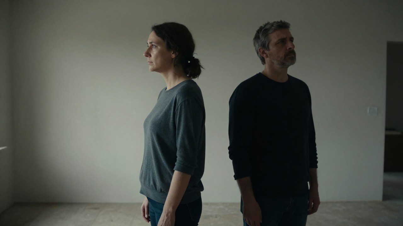 Dos adultos en un espacio interior evidencian una profunda distancia emocional al evitarse el contacto visual.