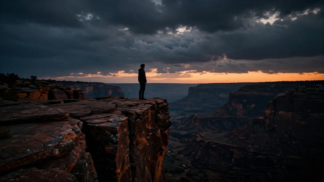 Una figura solitaria se encuentra en el borde de un precipicio, mirando un vasto paisaje al atardecer.