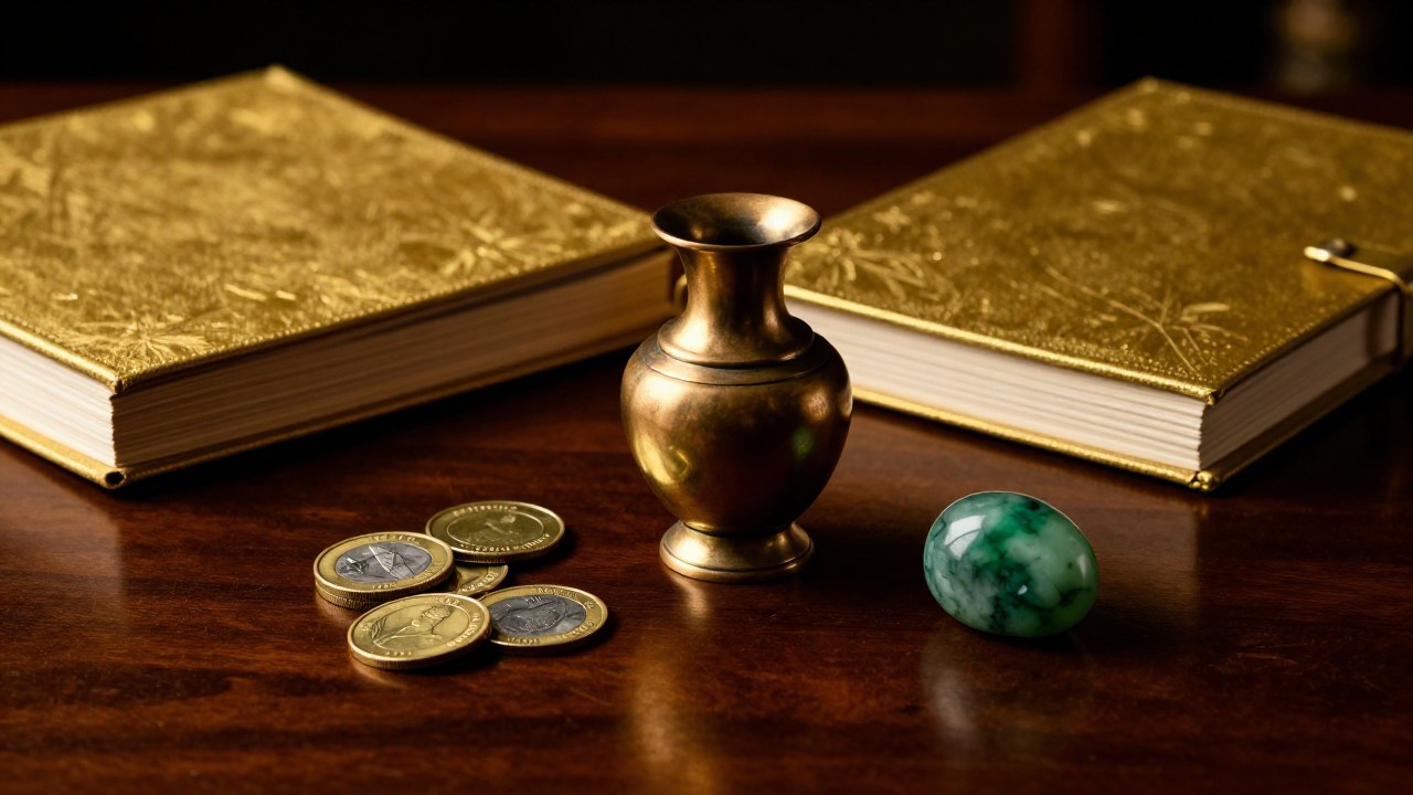 Disposición de monedas, libros de oro, jade y un recipiente de bronce sobre una superficie de madera.