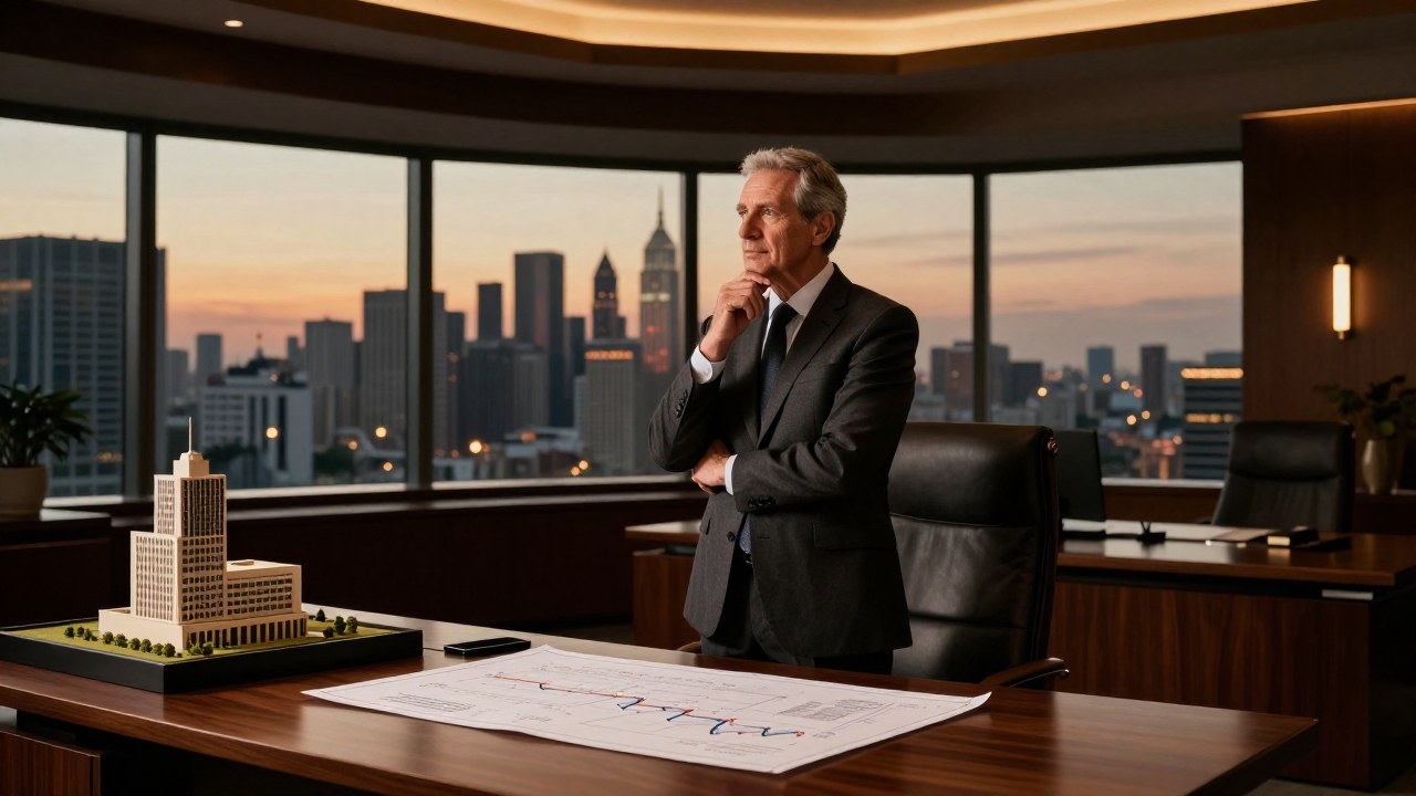 Líder de negocios en oficina contemplando la ciudad, simbolizando visión, éxito y planificación estratégica.