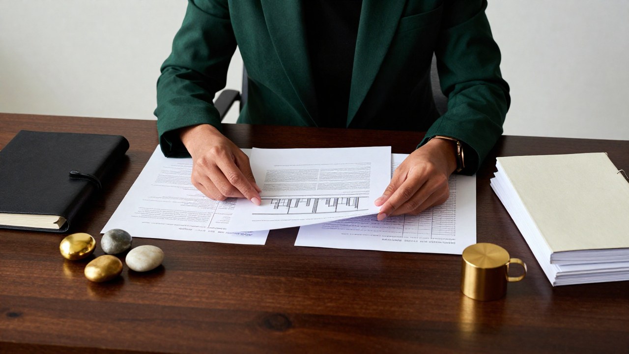 Un profesional revisa meticulosamente documentos financieros y bocetos arquitectónicos en un escritorio de madera oscura.