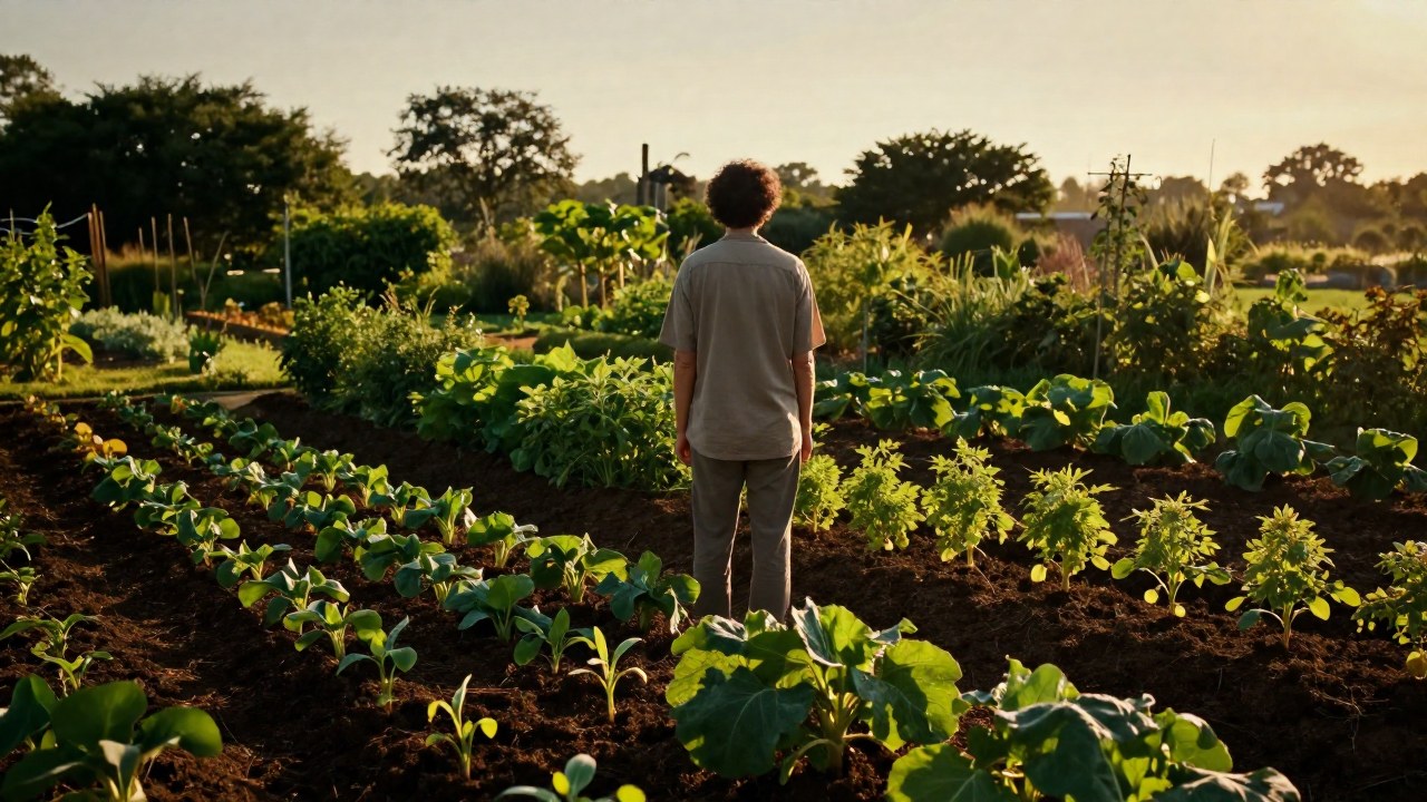Figura observa un jardín cultivado que muestra plantas en diversas etapas de crecimiento.