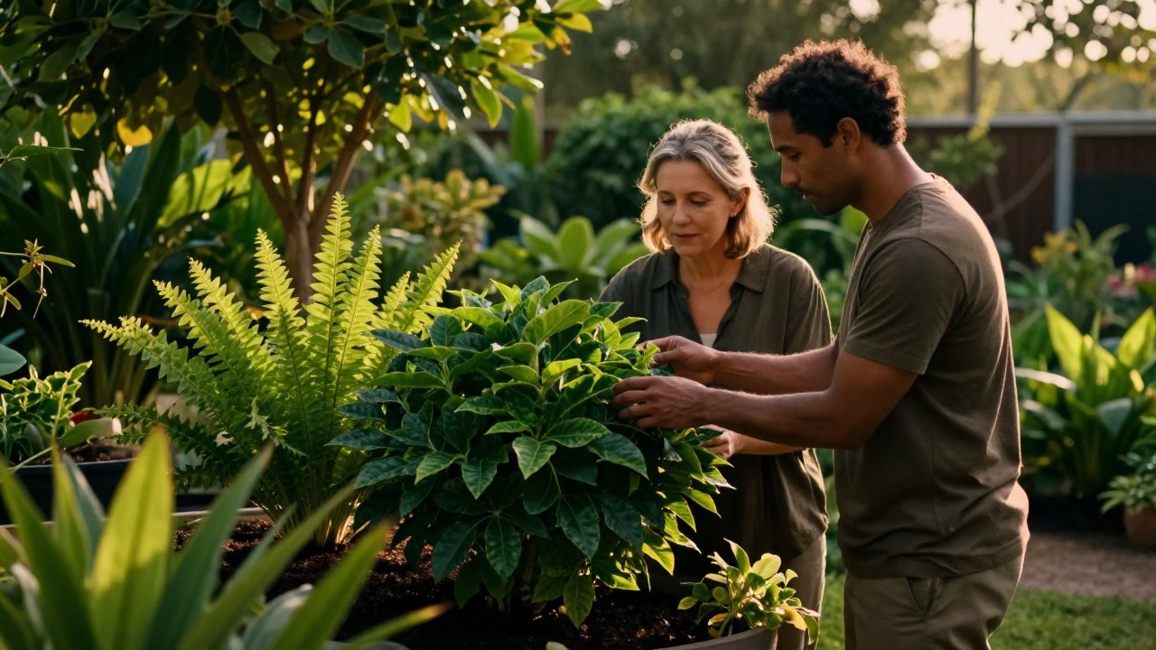Dos adultos observan un jardín de plantas frondosas, simbolizando la dedicación y el crecimiento de la pareja.