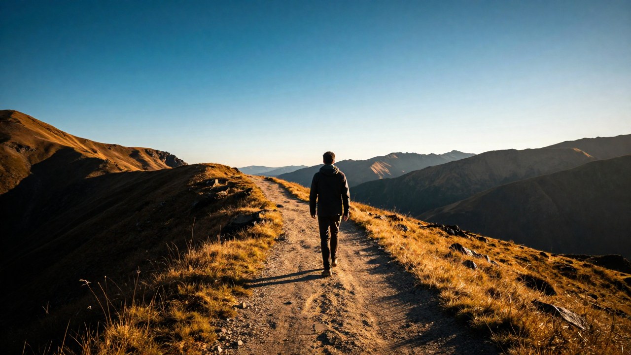 Solitario caminante avanza por sendero alpino hacia un brillante horizonte en la montaña.