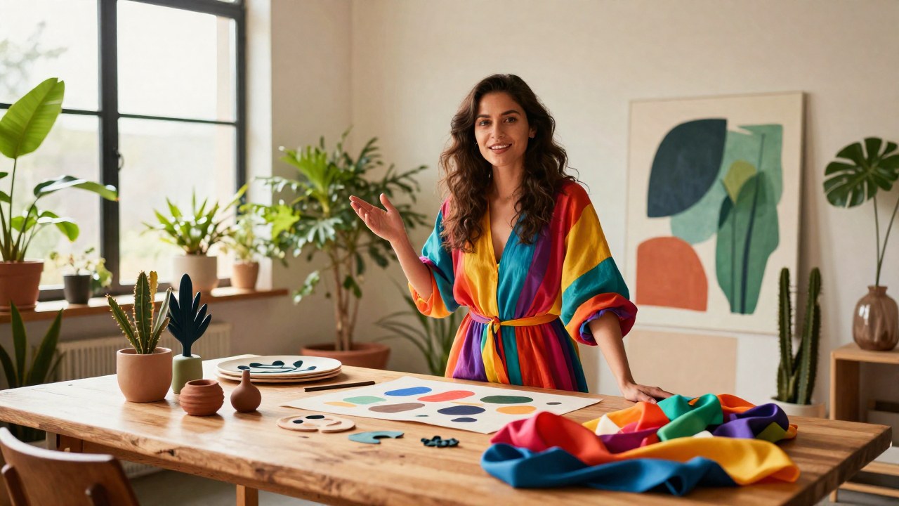 Mujer en un estudio con materiales creativos, gesticulando sobre arcilla, telas y elementos botánicos.
