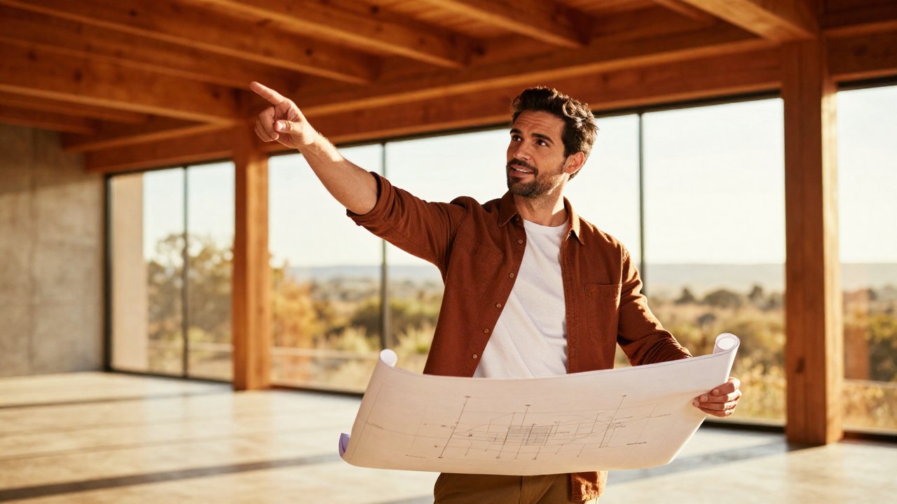 Hombre en un espacio arquitectónico moderno presenta un plano de diseño mientras gesticula.