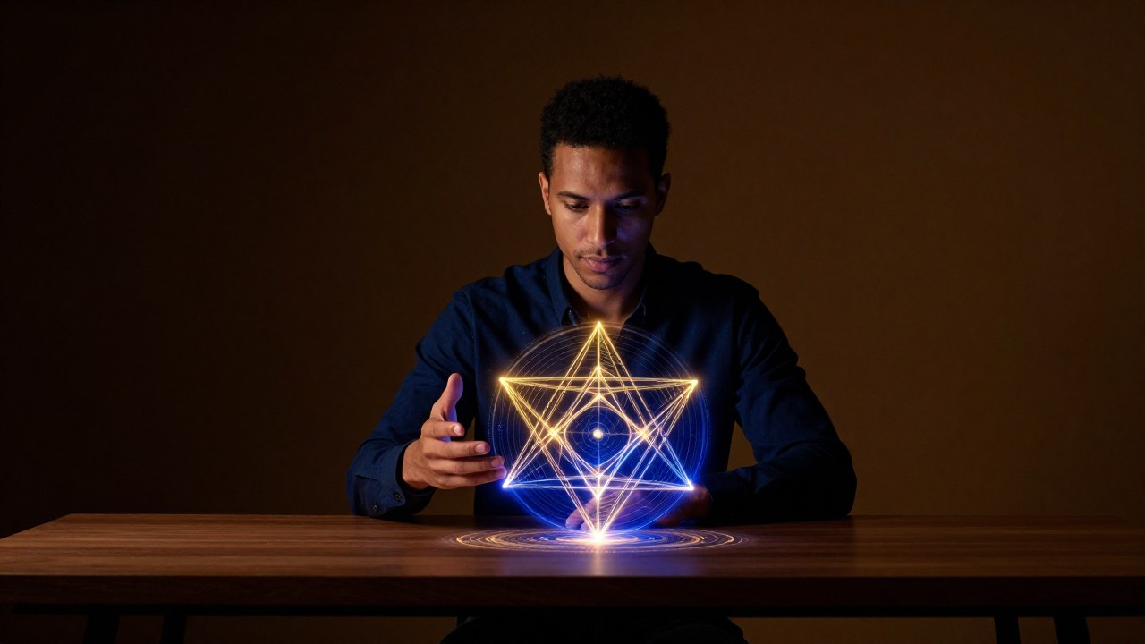 Un individuo concentrado genera patrones geométricos luminosos que simbolizan conocimiento complejo.