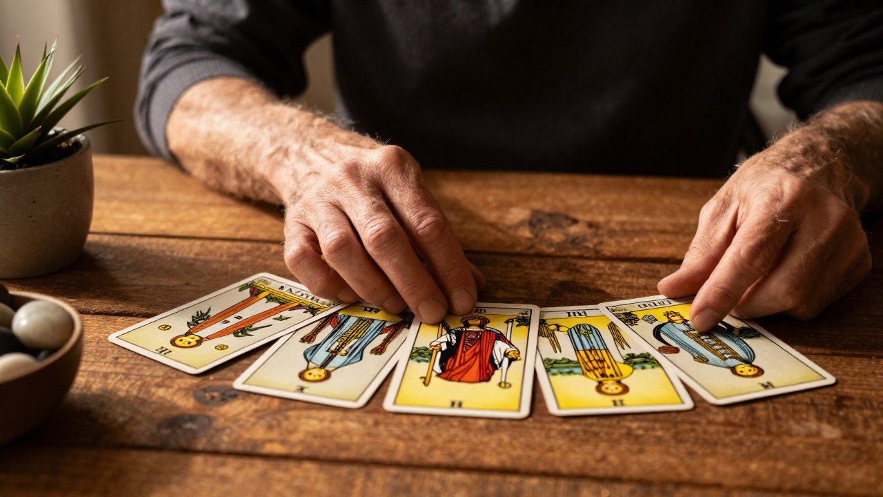 Manos de un individuo examinan una tirada de cartas de tarot con motivos naturales sobre una mesa de madera rústica.