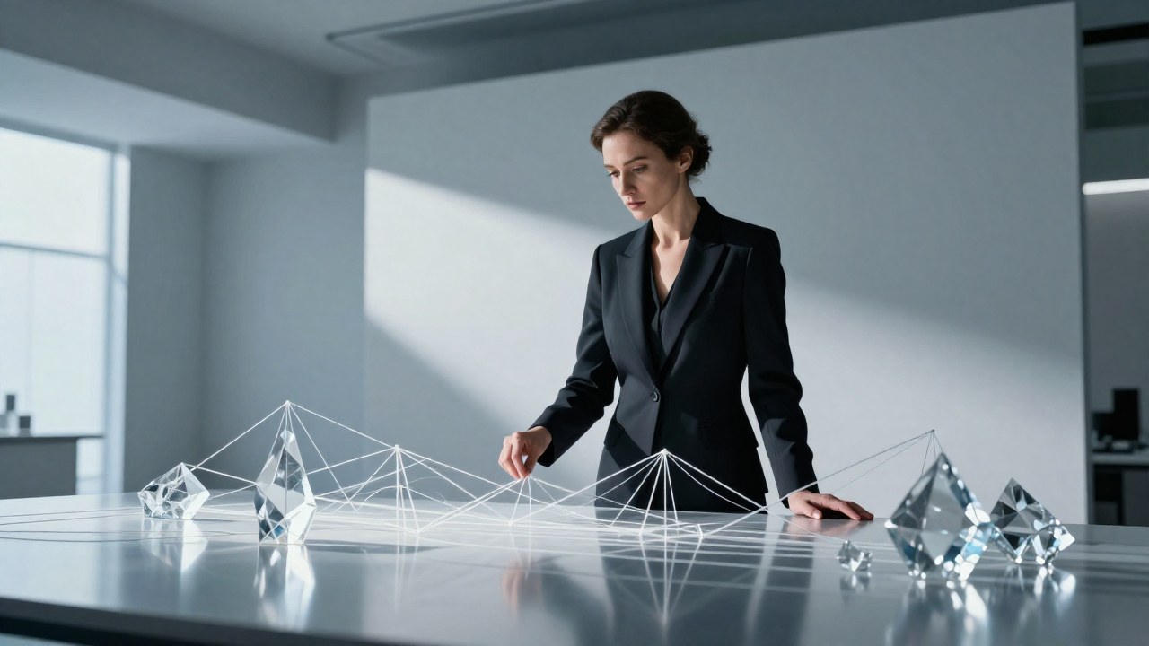 Una mujer vestida formalmente observa una compleja disposición de estructuras geométricas abstractas en un estudio minimalista.