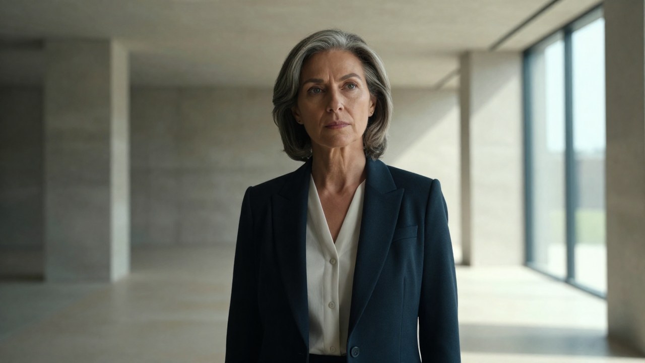 Mujer de mediana edad en atuendo profesional, de pie en un espacio arquitectónico interior moderno y minimalista.