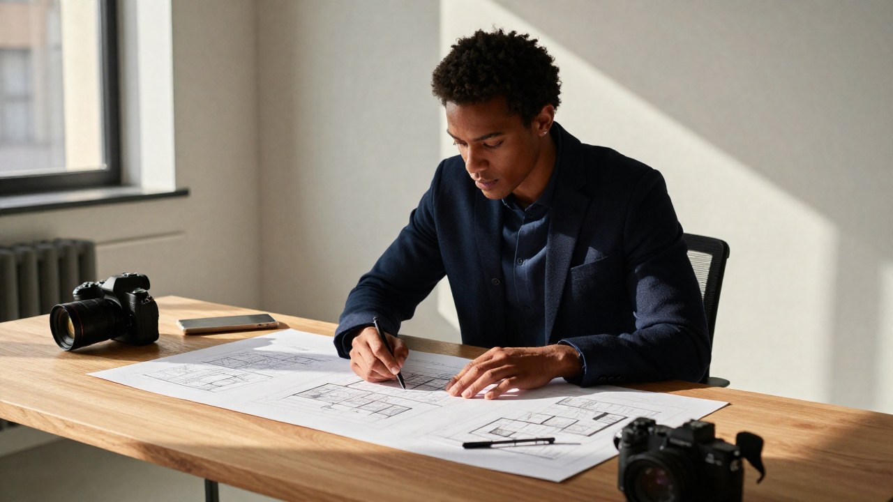Diseñador profesional concentrado manipulando modelos arquitectónicos y bocetos en un escritorio moderno.