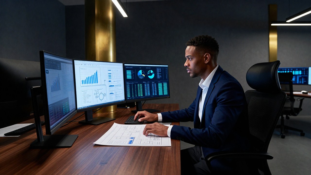 Un profesional trabaja concentrado en un escritorio moderno analizando datos complejos en múltiples pantallas y planos.