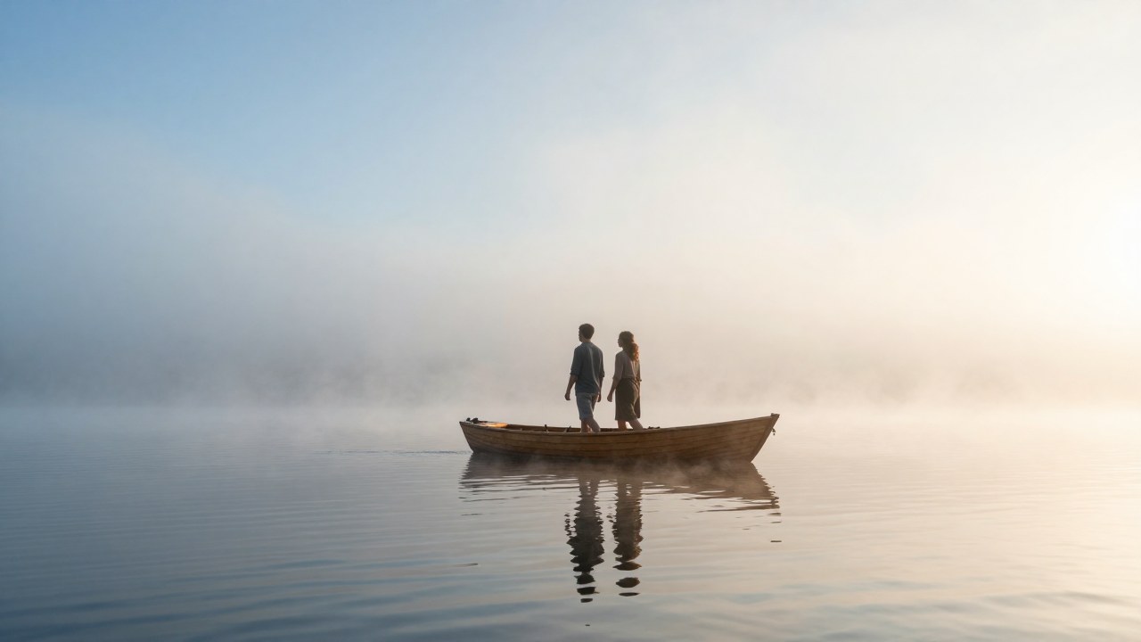 Una pareja camina en un pequeño bote de madera alejándose de la niebla hacia un horizonte soleado.