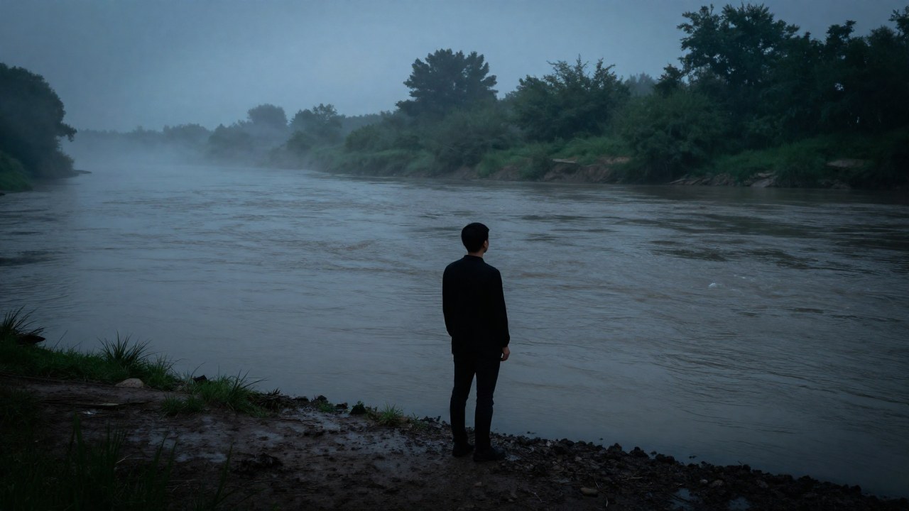 Persona en la orilla de un río turbulento al amanecer, contemplando la niebla sobre las aguas grises.