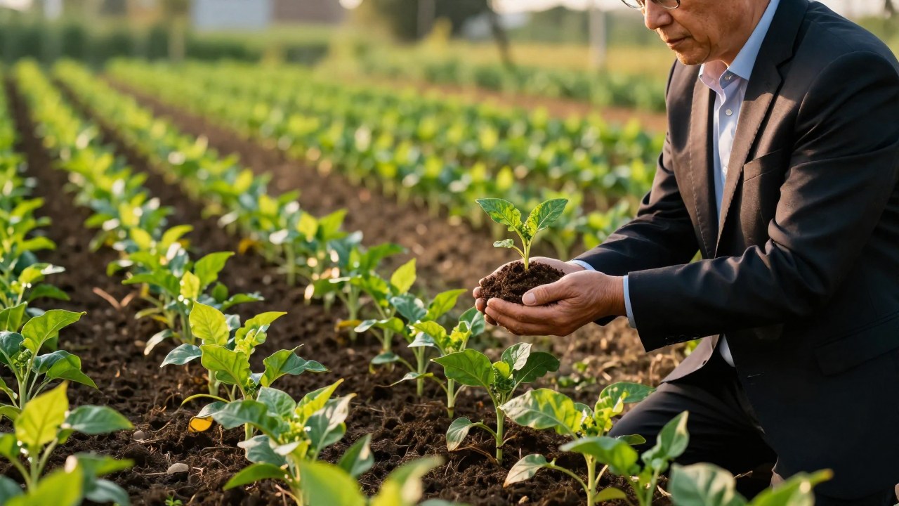 Un inversor examina cultivos prósperos en un jardín, simbolizando la paciencia y el crecimiento financiero a largo plazo.