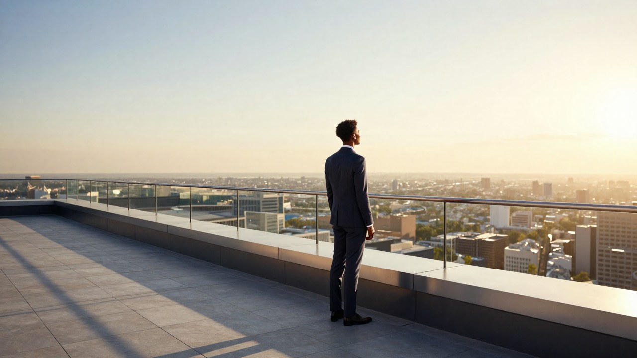 Profesional diverso contemplando una vasta ciudad desde una moderna terraza al atardecer.
