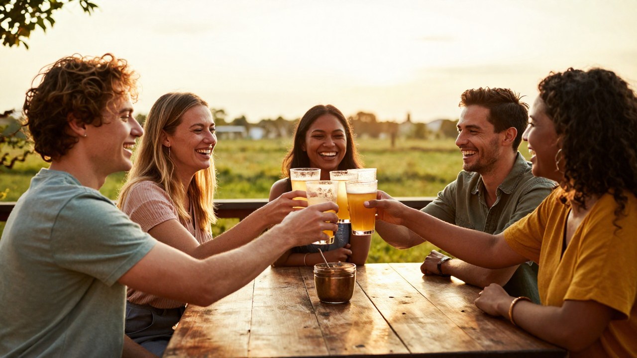 Grupo diverso de amigos celebrando y brindando juntos en una terraza al aire libre.