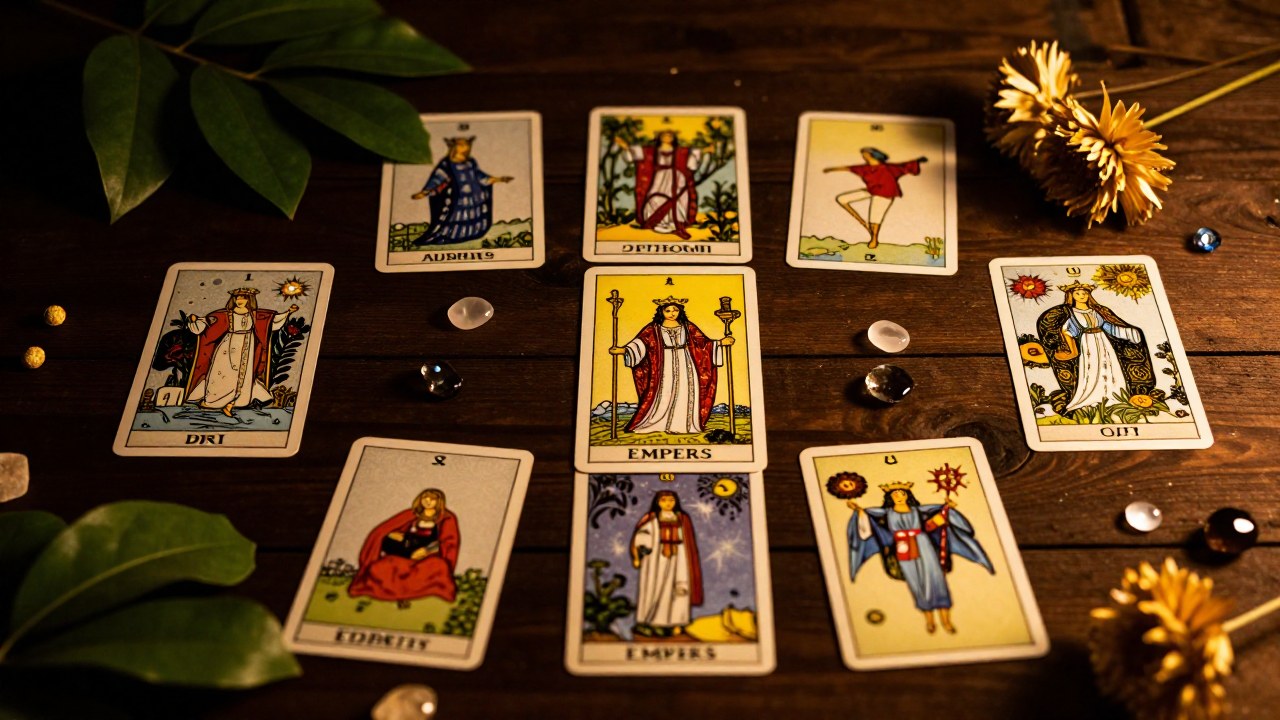 Tirada editorial de cartas de tarot centrada en la Emperatriz, con elementos orgánicos sobre madera oscura.