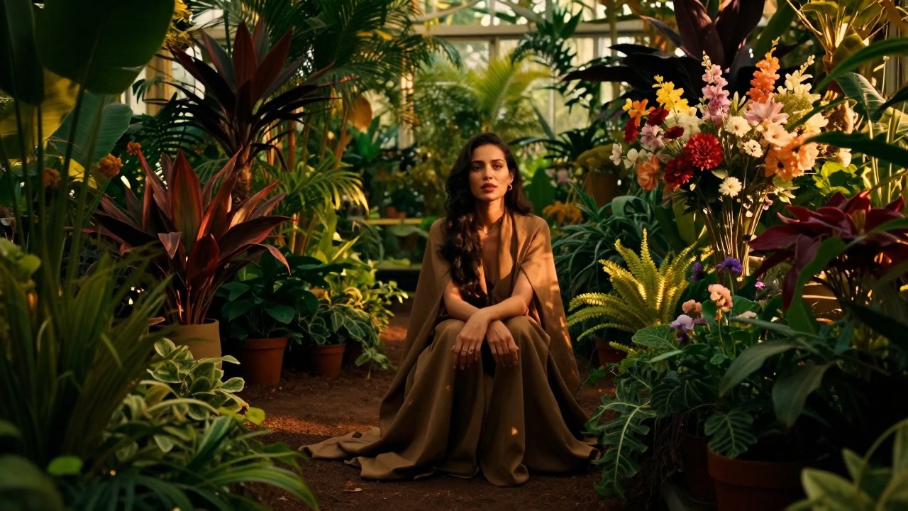 Mujer sofisticada sentada en un jardín exuberante, rodeada de plantas en flor.