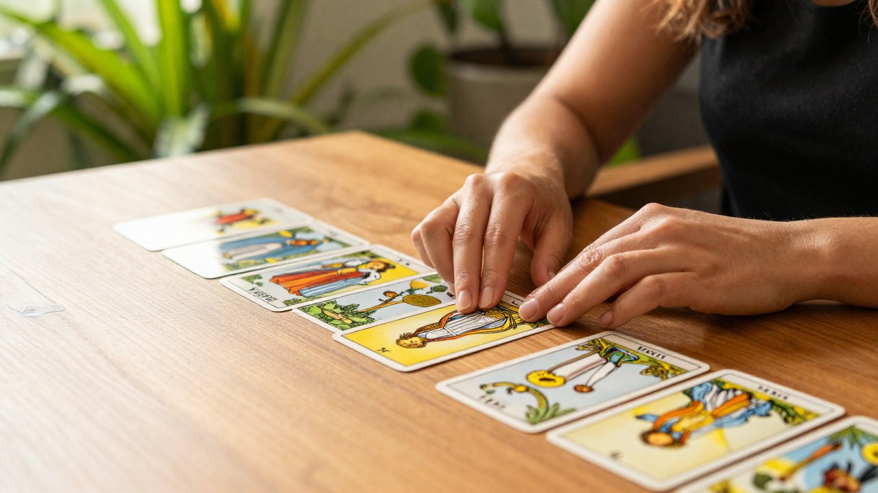Lector de Tarot colocando la carta de La Emperatriz en una mesa de madera pulida.