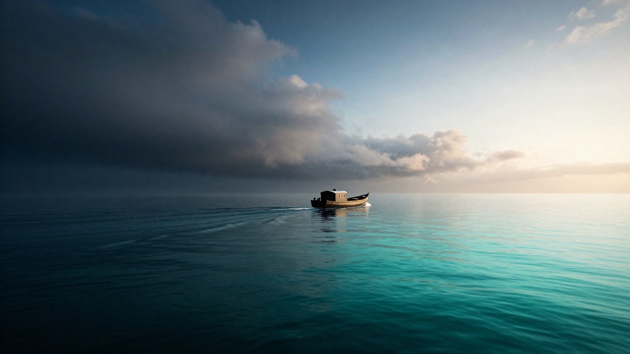 Un pequeño barco navega de aguas turbias y oscuras hacia un horizonte luminoso y calmado.