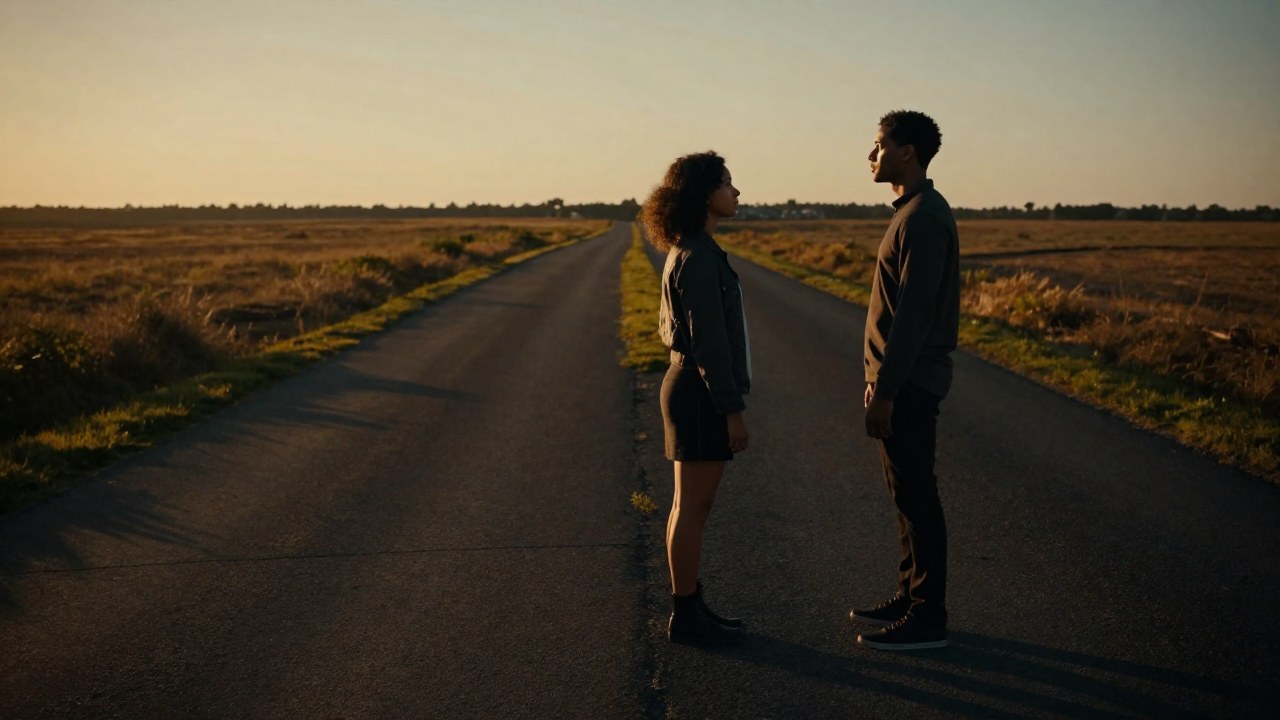 Una pareja contempla la elección al encontrarse en la unión de dos caminos divergentes en un paisaje.