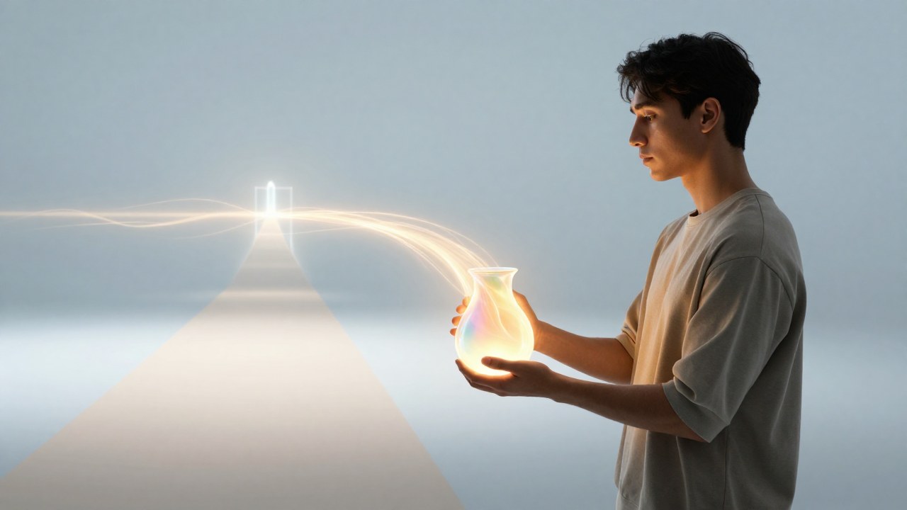 Una persona sostiene un recipiente brillante cuya luz guía el camino hacia un objetivo aspiracional.