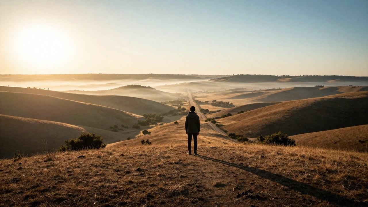 Figura solitaria de espaldas en un vasto paisaje de colinas al amanecer.