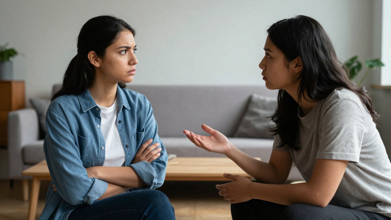 Pareja joven en conversación seria: uno muestra postura defensiva y el otro escucha con apertura y empatía.