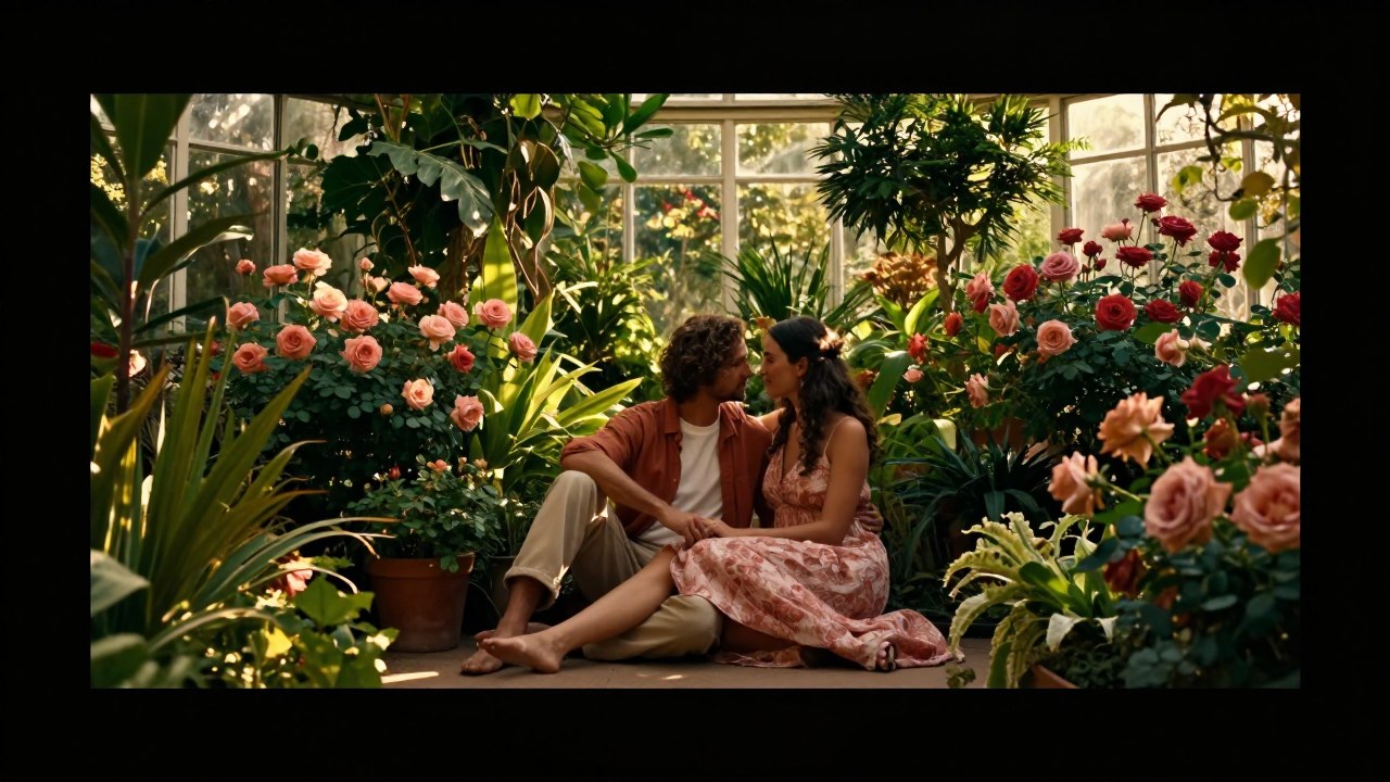 Pareja compartiendo un momento íntimo rodeada de la exuberante vegetación de un jardín.