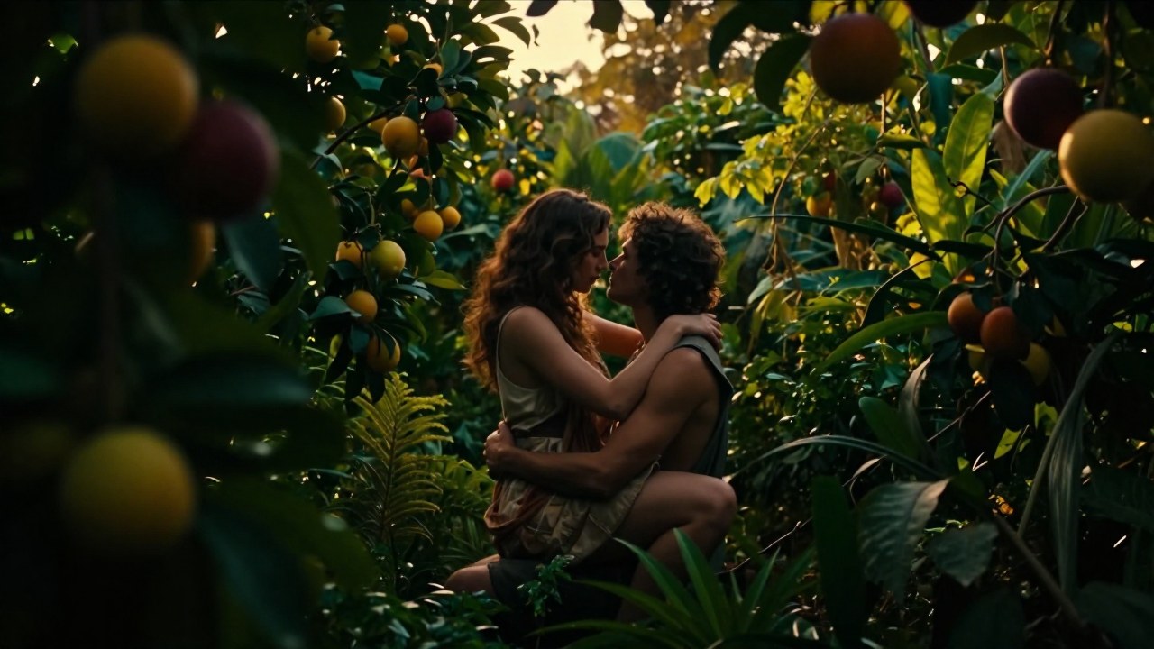 Pareja entrelazada en un jardín exuberante con frutas maduras, simbolizando abundancia y conexión.