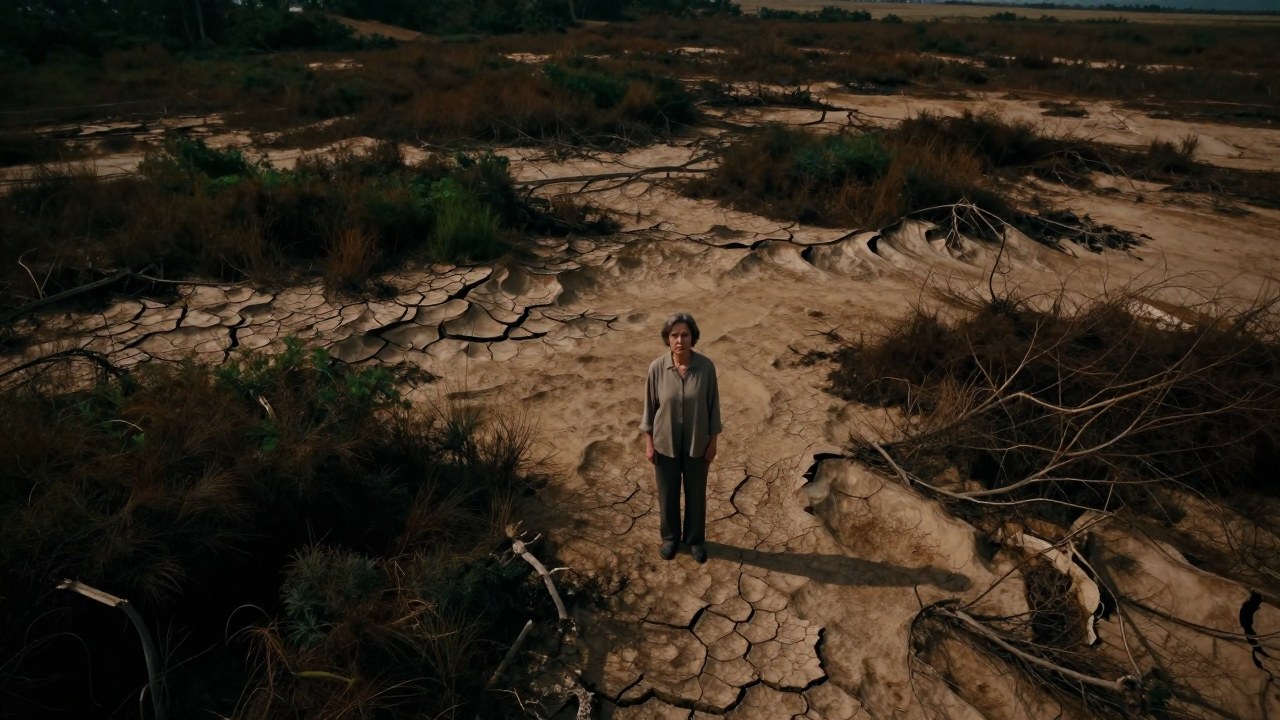 Mujer en un paisaje desolado, con zonas de vegetación en decadencia contrastando con tierra reseca.