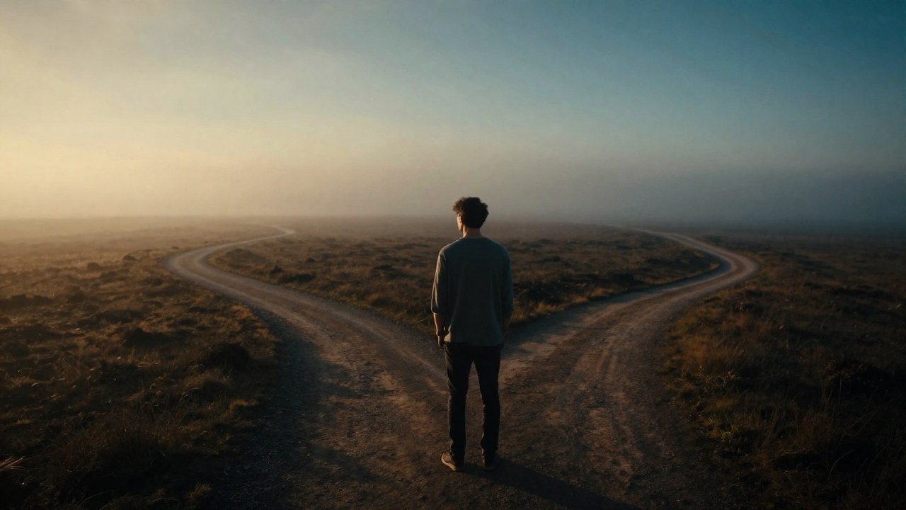 Joven en una encrucijada natural, contemplando dos caminos distintos que se pierden en la niebla.