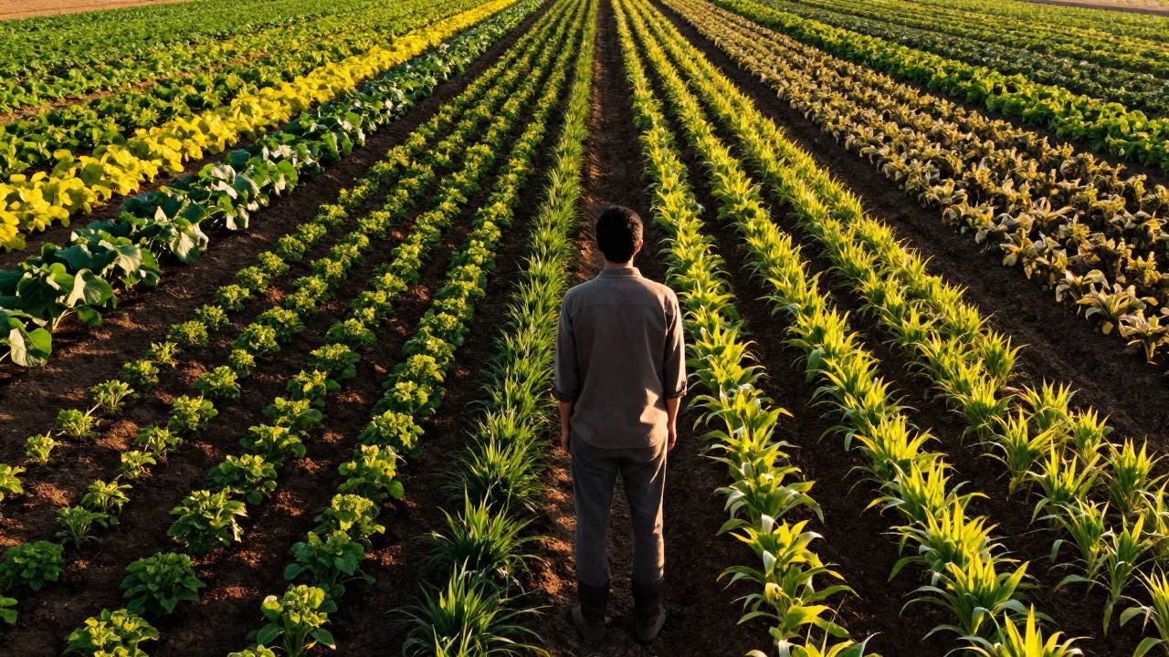 Una figura observa y evalúa cultivos diversos en un vasto campo agrícola durante la tarde.